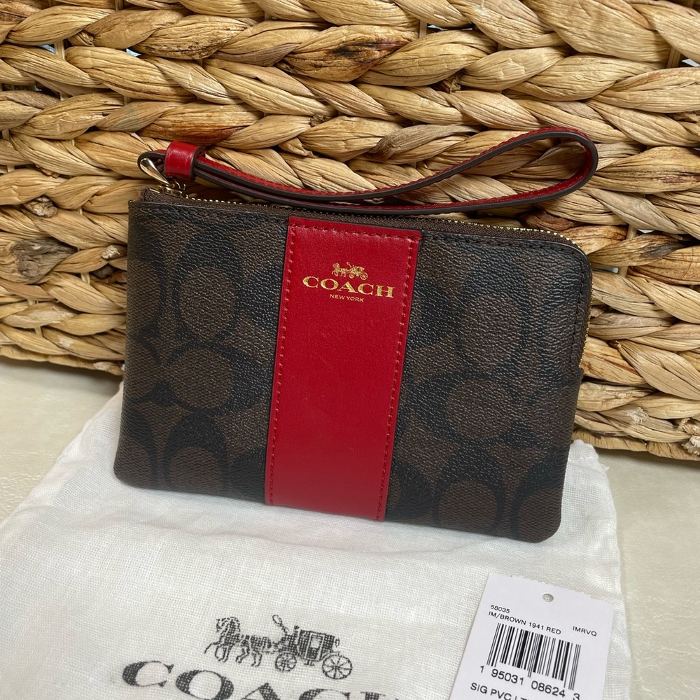 ‼️SPRING SALE Coach NWT Signature Brown and Red Wristlet - Picture 5 of 11